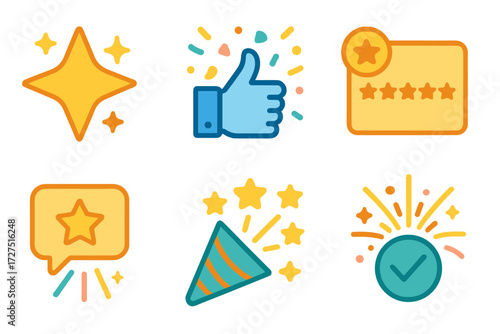 Festive Review Icons. Festive Review Ratings icons in modern flat : sparkling star badge, confetti around thumbs up, celebratory rating card, glowing