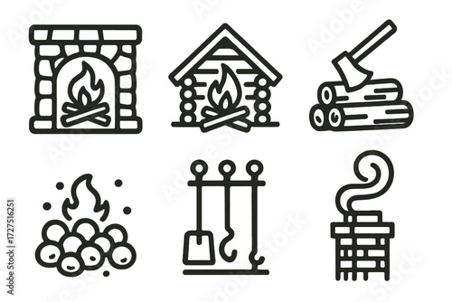 Fireplace linear icon set. featuring chimney, log cabin, bonfire, axe, firewood, and poker symbols