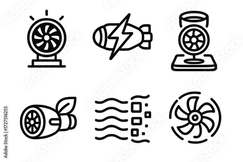 Futuristic Jet Engine Icons. Futuristic Jet Engine icons in outline style: glowing turbine, electric jet concept, holographic engine, hybrid eco jet,