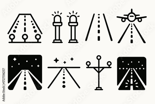 Runway Lights at Night. Runway Lights icons in outline style: perspective lights on runway, glowing edge markers, centerline illumination path,
