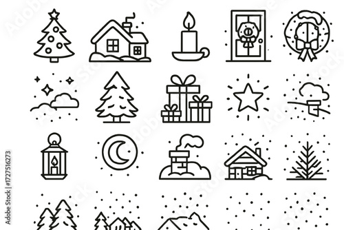 Christmas Eve Icons. Christmas Eve Icons icons in outline style: decorated tree, snowy house, warm window light, candle glow, wreath on door,