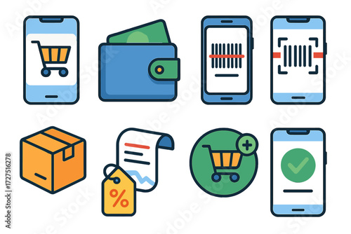 Shopping and payment flat icon set. featuring cart, wallet, barcode, delivery, and receipt symbols