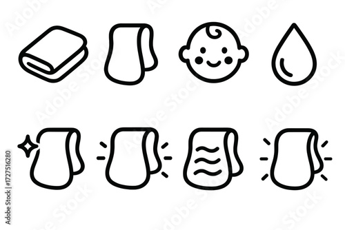 Hygiene essentials linear icon set. featuring wipes, towels, baby, water drop, and cleanliness symbols