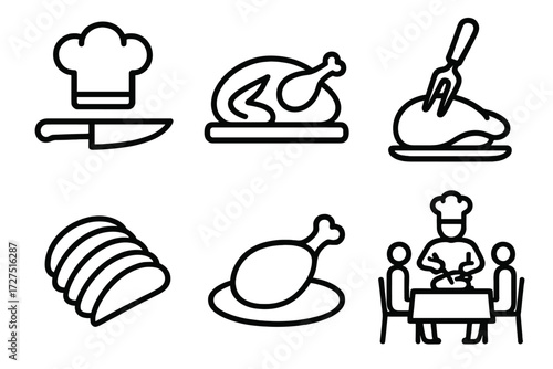 Thanksgiving Carving Icons. Traditional Turkey Carving icons in outline style: chef hat with knife, turkey on wooden board, carving fork stuck in