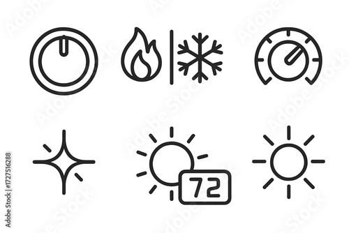 Thermostat Dial Icons. Thermostat Dial icons in outline style: circular knob, hot-cold icons, degree scale, adjustment dial, shining spark, glowing