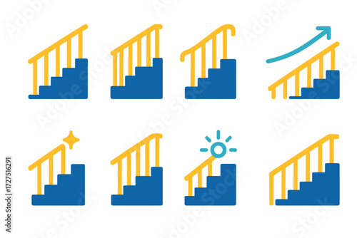 Modern Staircase Icons. Staircase Rail icons in modern flat : stairs with railing, banister design, vertical posts, curved stair rail, shining spark,