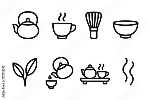 Tea Ceremony Icons. Tea Ceremony icons in outline style: teapot, steaming teacup, bamboo whisk, tea bowl, tea leaves, pouring kettle, tray set,