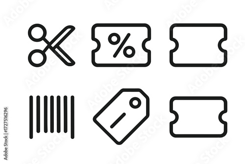 Minimal Coupon Icons. Minimal Coupon Clip icons in outline style: clean line scissors, simple percent icon, outlined ticket, abstract barcode, tag,