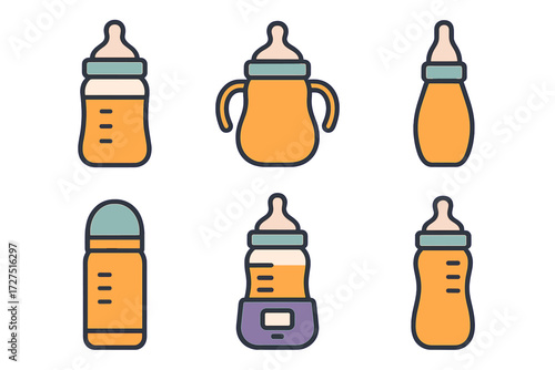 Baby bottles flat icon set. featuring different shapes and sizes of bottle designs