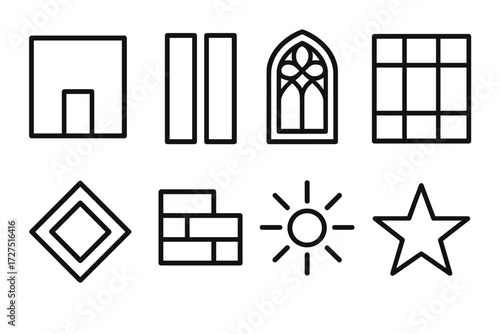 Facade Design Icons. Facade Design icons in outline style: exterior wall, vertical columns, decorative window, glass facade, design, brick outline,