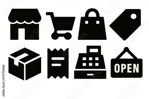 Bold Marketplace Icons. Marketplace silhouette set : storefront icon, shopping cart, shopping bag, price tag, product box, receipt, cash register,