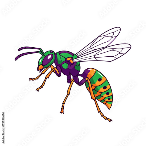Stylized flying wasp illustration with vibrant green purple and orange coloring.