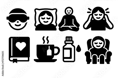 Mindfulness Icon Set. Mindfulness & Rest silhouette set : self-care with sleep mask, self-care with pillow, self-care with meditation, self-care with