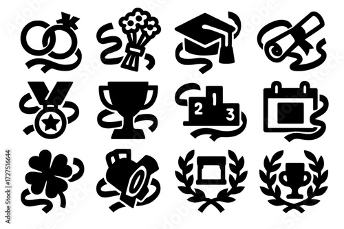 Bold Event Streamer Icons. Event Party Streamers silhouette set : streamer with wedding rings, streamer with bouquet, streamer with graduation cap,