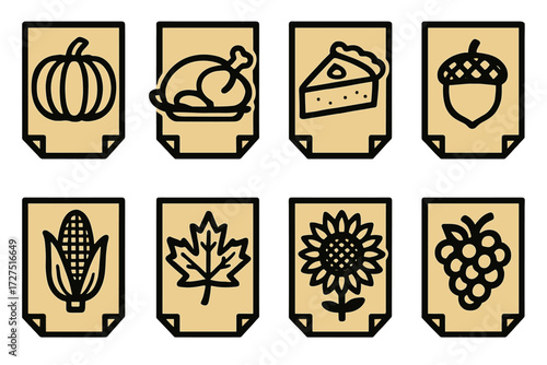 Thankful Notes Icons. Holiday Context silhouette set : thankful note with pumpkin, thankful note with turkey, thankful note with pie, thankful note