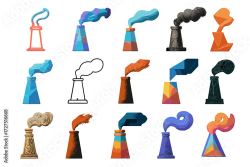 Creative Smokestack Icons. Creative Smokestacks silhouette set : neon glowing smokestack, holographic smokestack, pastel gradient smokestack, metallic