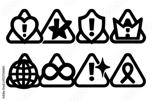 Bold Allergy Alert Icons. Symbolic Allergy Alerts silhouette set : allergy alert with heart, allergy alert with star, allergy alert with shield,