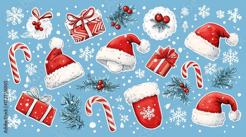Festive winter elements gifts, Santa hats, candy canes, snowflakes, and evergreen sprigs on a light blue background