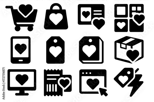 Wishlist Icons with Heart. E-Commerce Wishlist silhouette set : shopping cart with heart, store bag with heart, product card with heart, item grid