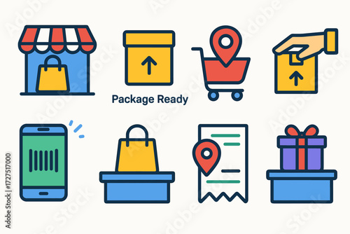 Modern Pickup Icons. In-Store Pickup icons in modern flat : storefront with bag icon, package ready sign, shopping cart with pin, hand grabbing