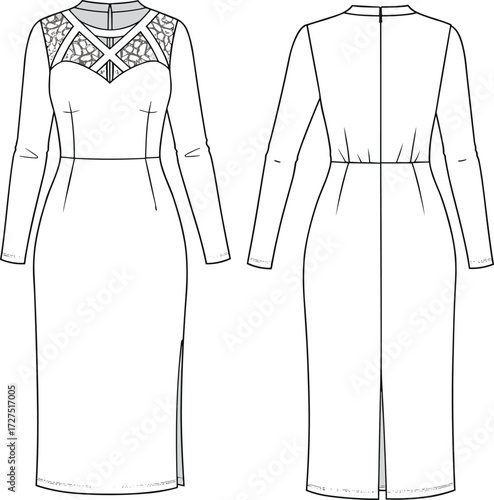 Elegant long sleeve lace panel dress technical sketch, fashion flat vector, front and back CAD drawing, bodycon silhouette design