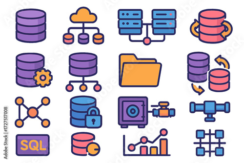 Database management flat icon set. featuring cloud, server, sql, backup, storage, and security symbols
