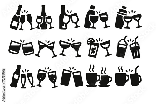Toast Icons Collection. Beverage Toast Moments silhouette set : champagne bottle with flutes, wine bottle with glasses, beer bottle with mugs,