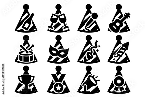 Brutalist Party Hats. Celebration Party Hats silhouette set : hat with champagne, hat with clinking glasses, hat with microphone, hat with guitar, hat