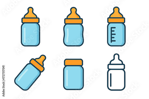Colorful Baby Bottle Icons. Baby Bottle Icons icons in modern flat : classic milk bottle, bottle with nipple top, measuring line bottle, tilted baby