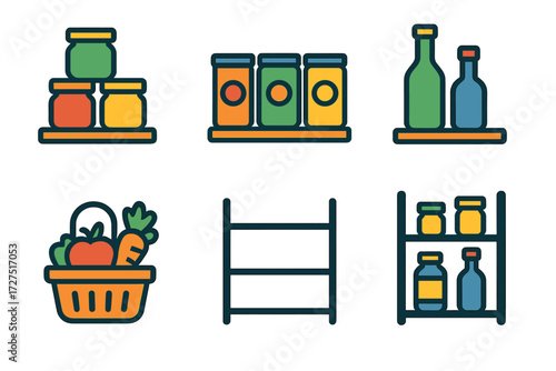 Pantry Shelf Icons. Pantry Shelf Icons icons in modern flat : stacked jars, canned goods row, shelf with bottles, basket of produce, pantry shelf