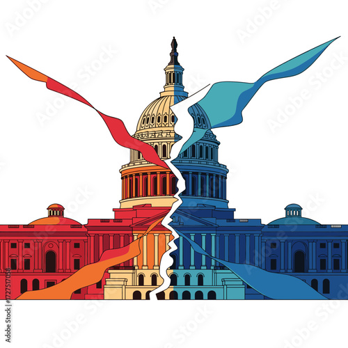 Divided United States Capitol Building Illustrating Political Polarization.