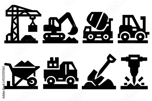 Bold Construction Icons. Construction Equipment silhouette set : construction site with crane arm, construction site with excavator, construction site