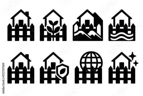 Eco Fence Icons. Eco Contexts silhouette set : eco fence with house, eco fence with garden, eco fence with mountain, eco fence with river, eco fence