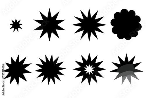 Brutalist Burst Icons. Burst Variations silhouette set : small burst, large burst, sharp burst, soft-edged burst, tilted burst, broken burst, double