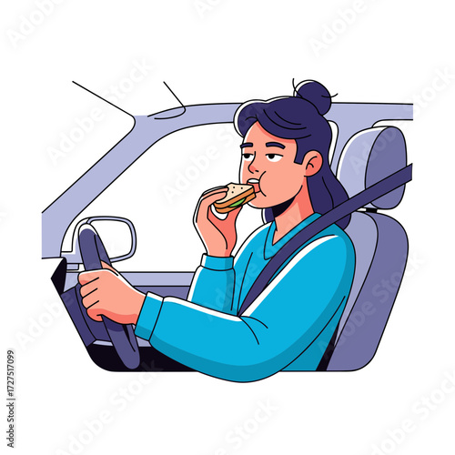 Woman Eating Sandwich While Driving Car with Seatbelt On.