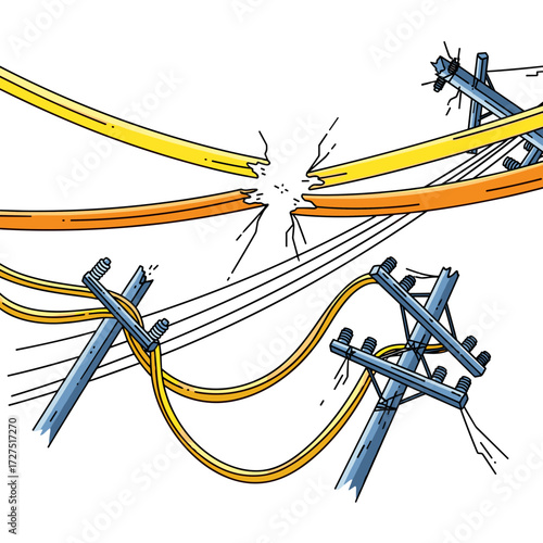 Stylized illustration of a power outage with sparking broken electrical cables and damaged utility poles.