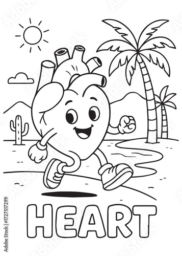 coloring book cute heart running in desert with cactus and sun, kids anatomy line art, black white illustration, fun activity for children