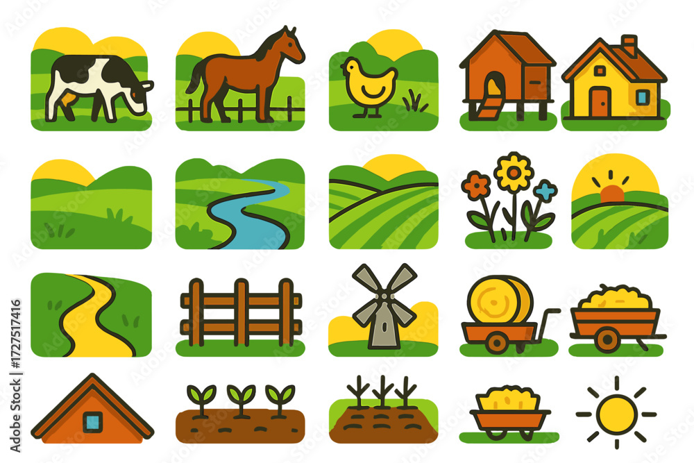 Fototapeta premium Countryside Icon Set. Countryside Fields Icons icons in modern flat : grazing cow, horse in pasture, chicken coop, farm cottage, open meadow, stream
