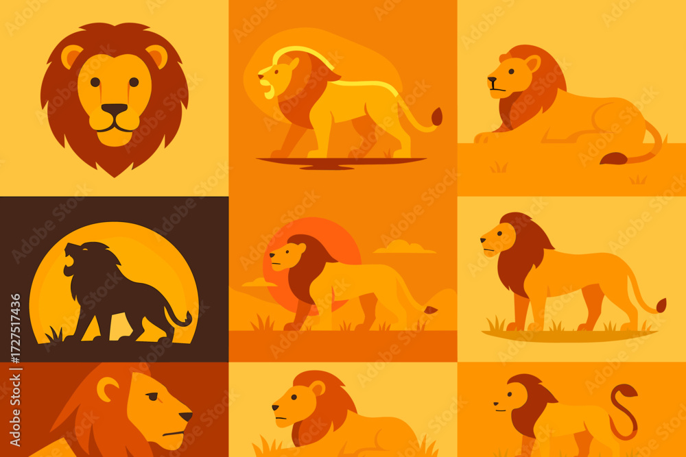 Obraz premium Wildlife silhouette icon set. featuring lion head, walking lion, sitting lion, roaring lion, sunset, savanna, mane