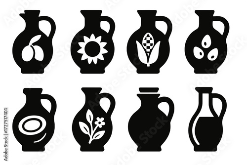 Oil Jug Icons. Oil Jug Variations silhouette set : olive oil jug, sunflower oil jug, corn oil jug, sesame oil jug, coconut oil jug, flavored herb oil