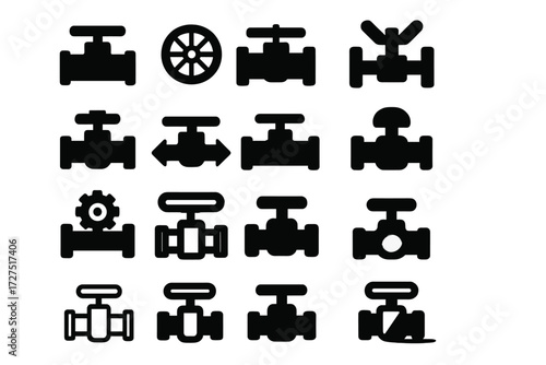 Bold Valve Icons. Pipe Valve Variations silhouette set : simple valve, round valve with handle, cross-shaped valve, valve with arrows, valve on pipe,