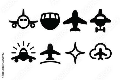 Aircraft Nose Icons. Aircraft Nose icons in outline style: jet nose view, cockpit glass, airplane front silhouette, landing wheels, radiant glow,