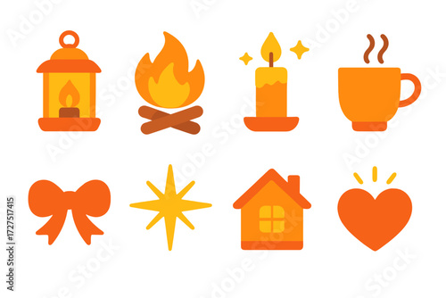 Cozy warmth flat icon set. featuring lantern, fire, candle, cup, bow, star, house, and heart symbols