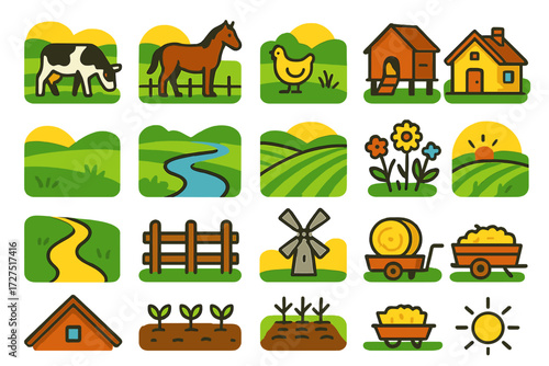 Countryside Icon Set. Countryside Fields Icons icons in modern flat : grazing cow, horse in pasture, chicken coop, farm cottage, open meadow, stream