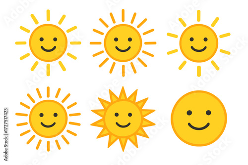 Vibrant Sun Icons. Sunny Mood Icons icons in modern flat : smiling sun, radiant rays, cheerful sunshine, happy face sun, glowing sky orb, starburst