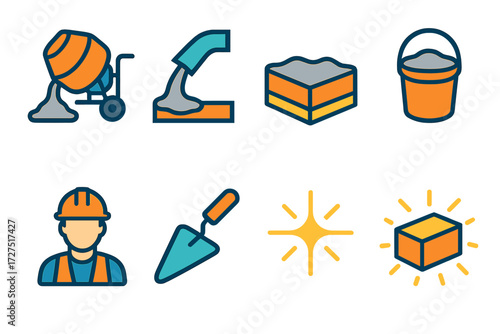 Concrete Pouring Icons. Foundation Pour icons in modern flat : concrete mixer, pouring chute, wet foundation slab, bucket with cement, construction