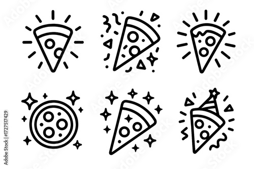 Festive Pizza Icons. Festive Pizza Slice icons in outline style: glowing pizza wedge, celebratory slice with confetti, starburst cheese slice,