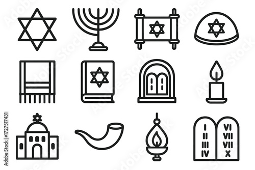 Jewish Symbols Collection. Religious Traditions icons in outline style: Star of David, menorah, Torah scroll, kippah, tallit, prayer book, ark,