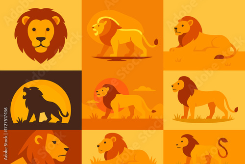 Wildlife silhouette icon set. featuring lion head, walking lion, sitting lion, roaring lion, sunset, savanna, mane