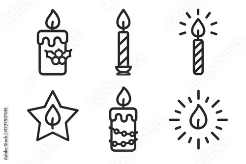 Festive Candle Icons. Festive Candle Flames icons in outline style: decorated holiday candle, menorah candle flame, birthday candle spark,